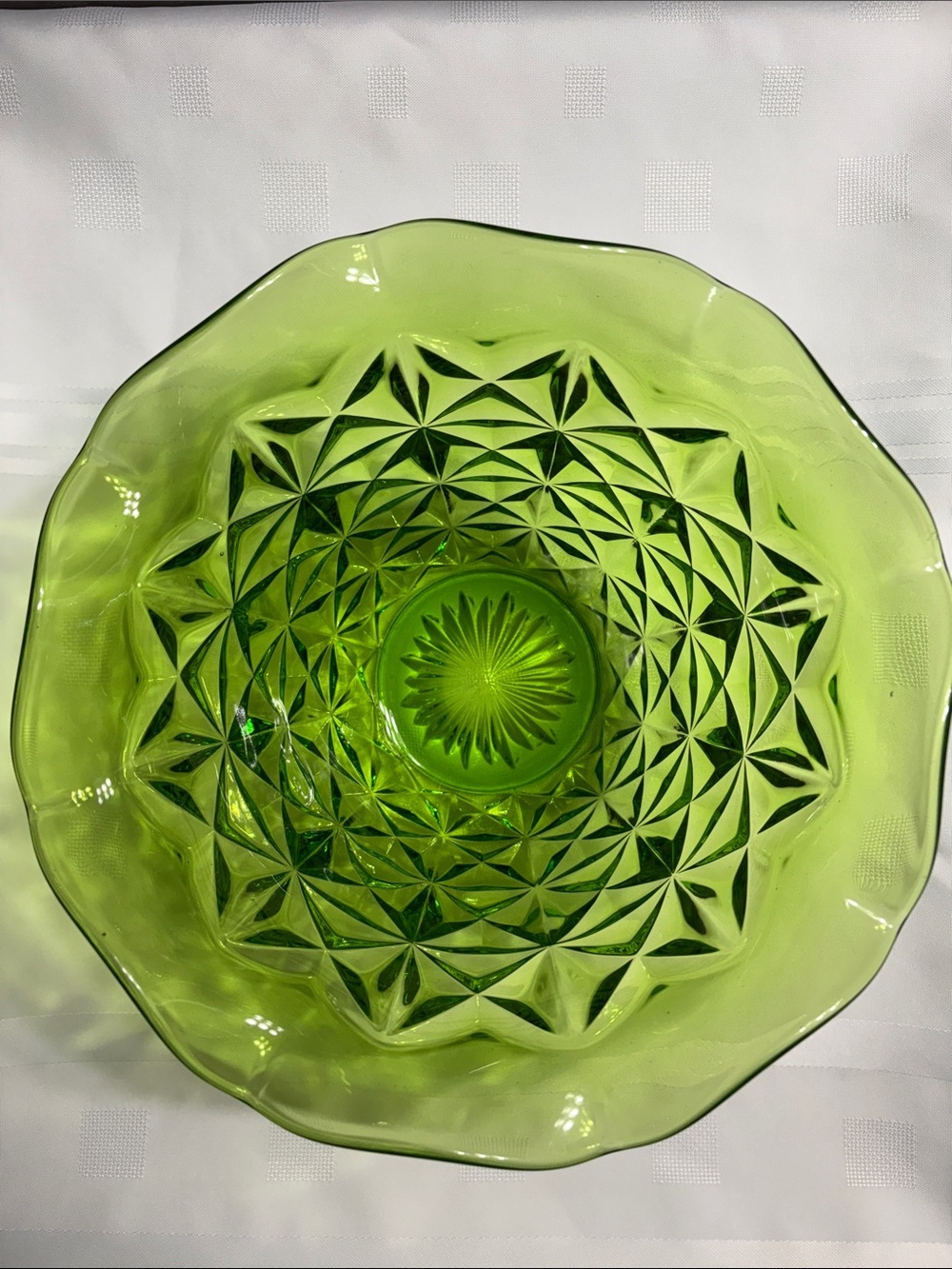 Vintage Indiana Glass Avocado Green Diamond Point Ruffled Serving Bowl